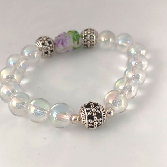 Angel Aura Quartz and Lampwork Flower Beaded Stretch Bracelet - Picture 3 of 3